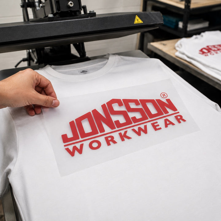 A printed transfer positioned on a white t-shirt under an open heat press