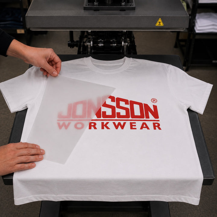 The carrier film being peeled back off a freshly pressed print